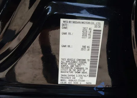 2017 Nissan Altima 2.5 Sl from USA, damaged, VIN 1N4AL3AP6HC139767